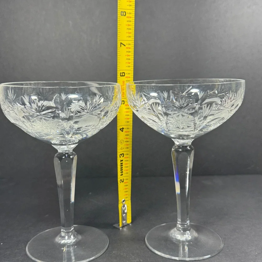 Champagne Coupe Glasses Clear Starburst Cut Pattern Vintage Style Set of 2